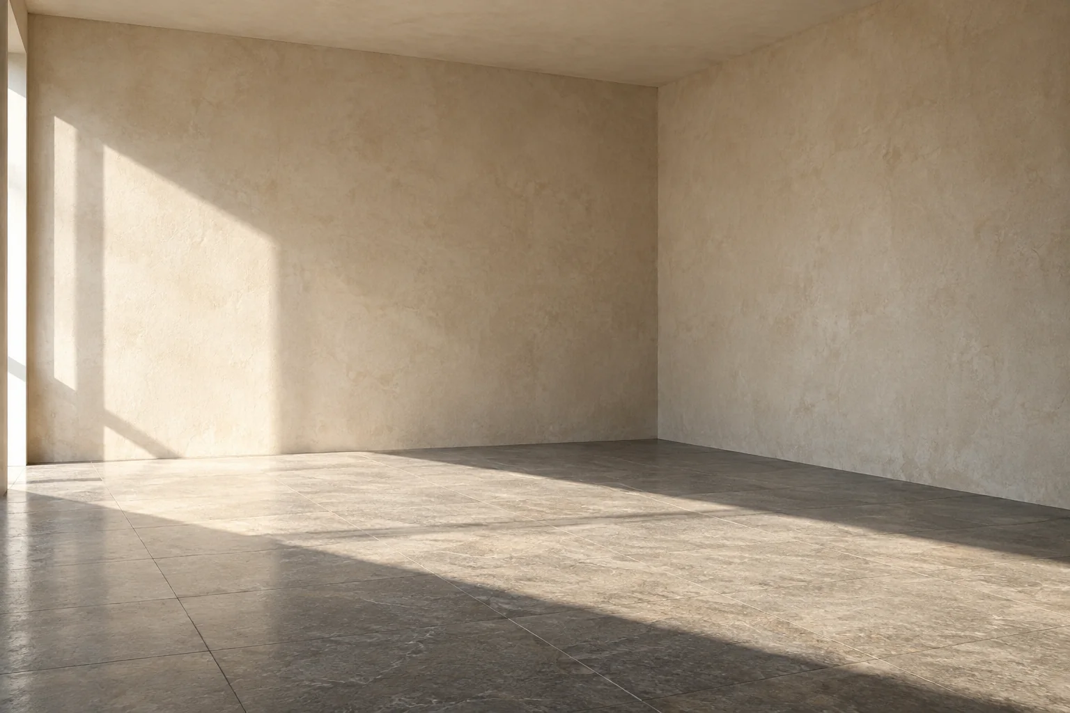 An empty room with a rectangle of sunlight across its bare walls and floor
