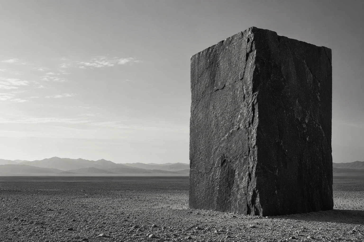 A solitary block of dark stone standing in an open landscape